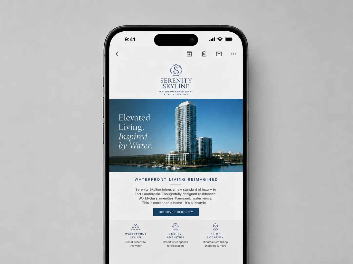 Mobile email campaign mockup for a luxury real estate property launch