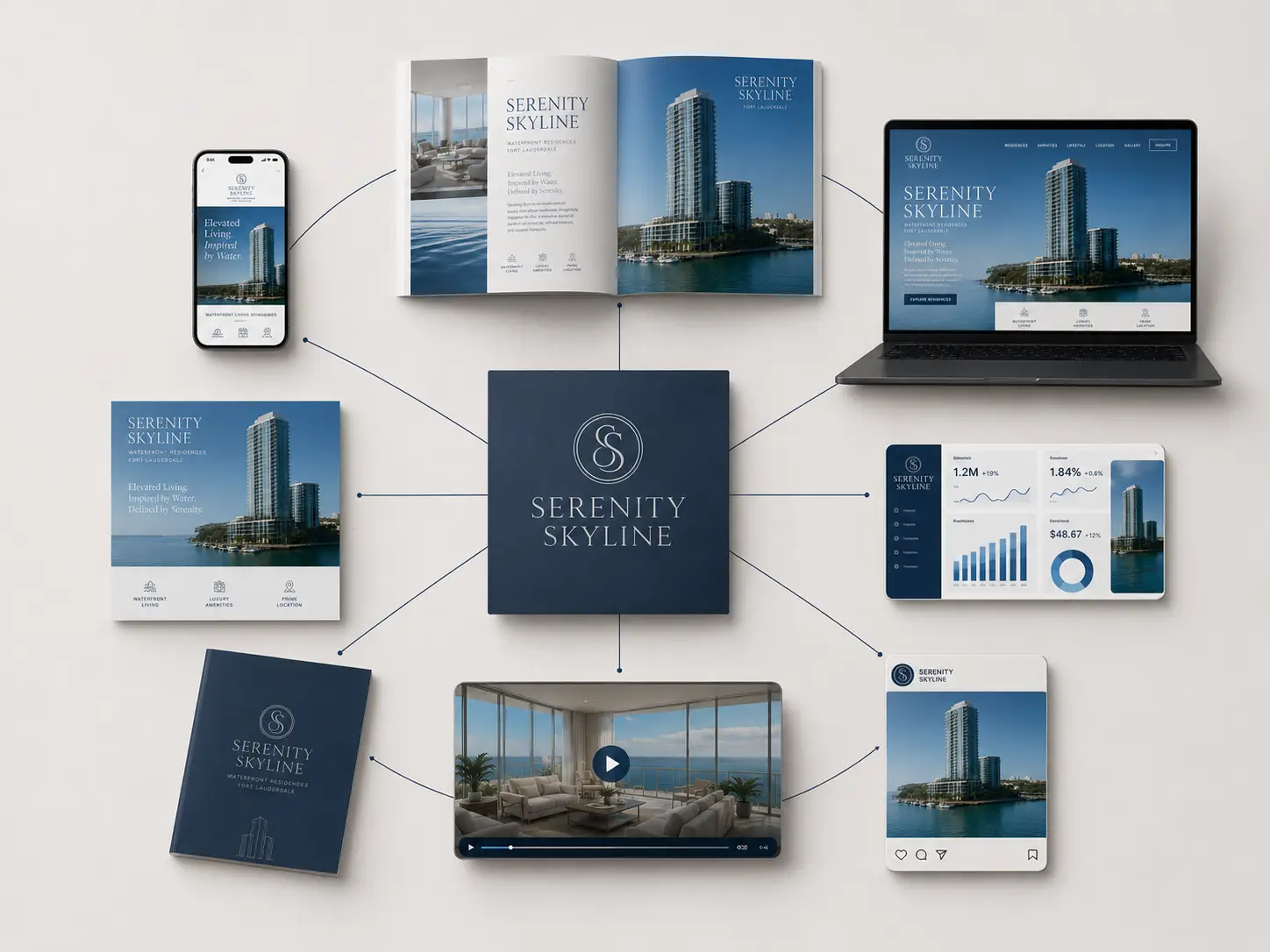 Integrated luxury real estate campaign assets for web, email, ads, social media, and collateral