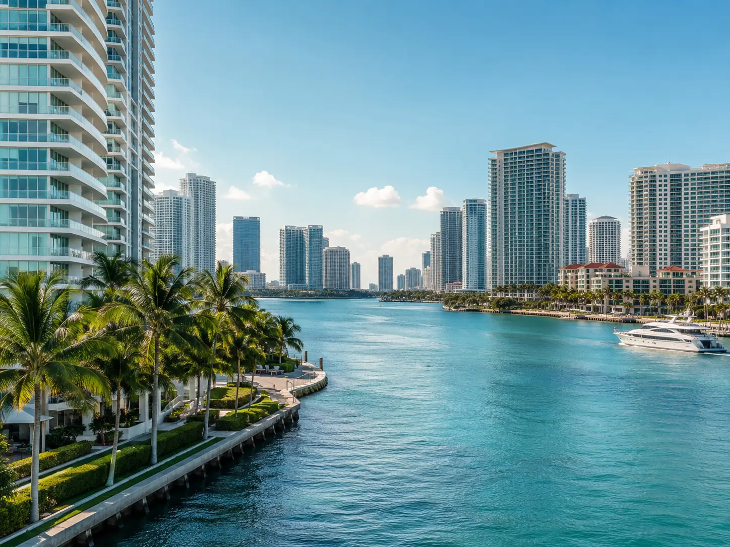 South Florida waterfront skyline with luxury condominiums, palm trees, and blue water